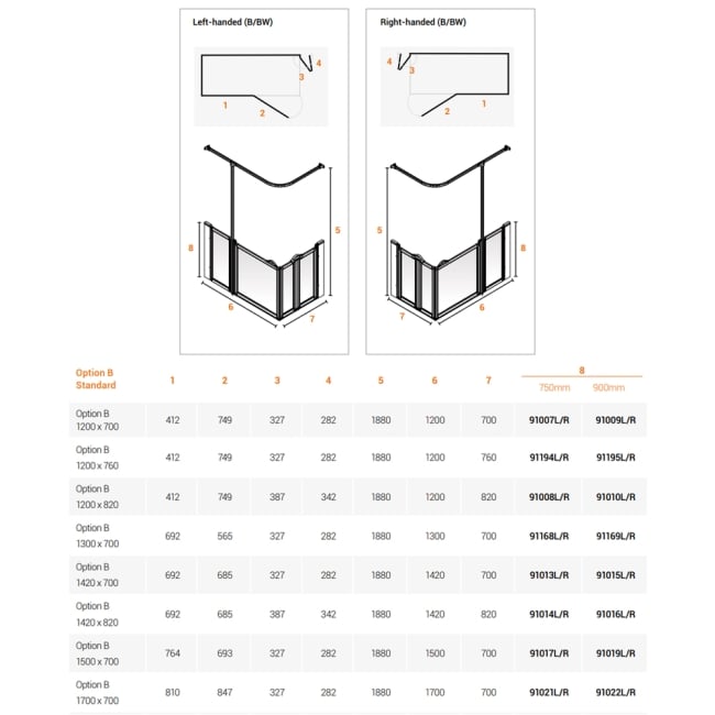 AKW Option B 750 Shower Screen 1300mm x 700mm - Right Handed  | Dimension Image