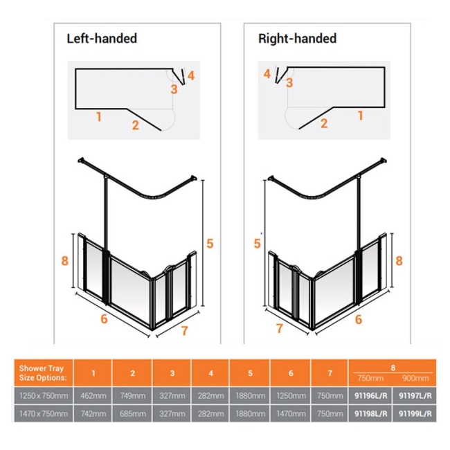 AKW Option B 750 Shower Screen 1250mm x 750mm - Left Handed  | Dimension Image