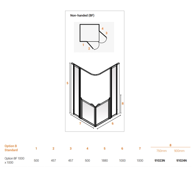 AKW Option BF 750 Shower Screen 1000mm x 1000mm  | Dimension Image
