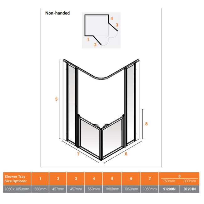 AKW Option BF 900 Shower Screen 1050mm x 1050mm  | Dimension Image