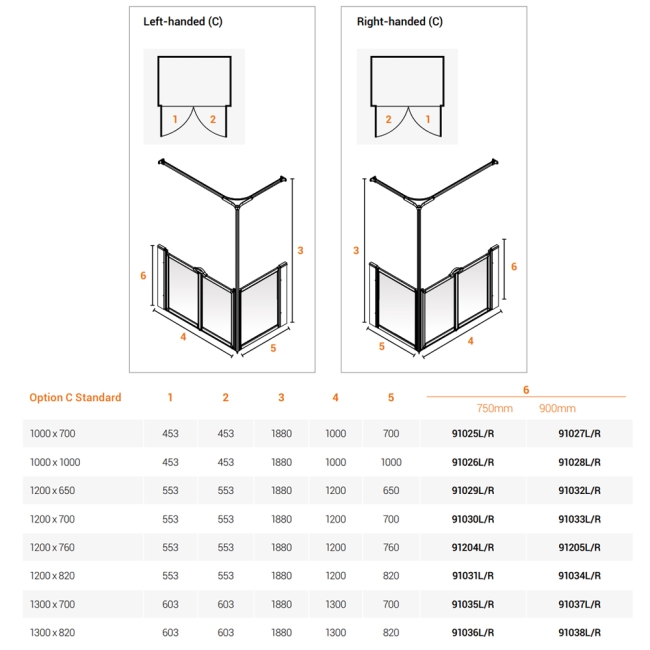 AKW Option C 900 Shower Screen 1000mm x 1000mm - Left Handed  | Dimension Image