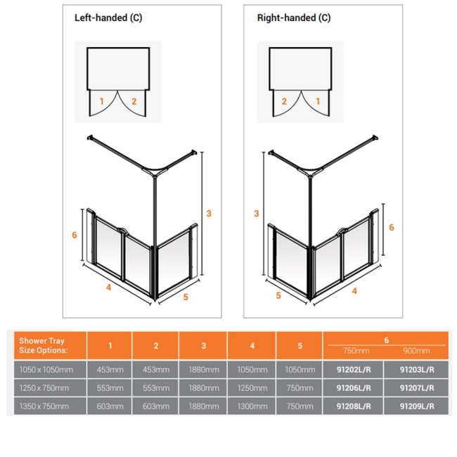 AKW Option C 750 Shower Screen 1250mm x 750mm - Left Handed  | Dimension Image