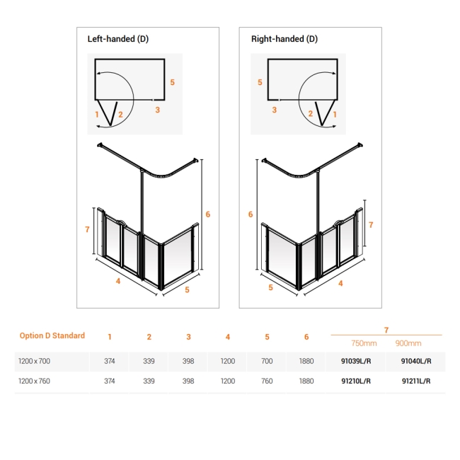 AKW Option D 750 Shower Screen 700mm x 1200mm - Right Handed  | Dimension Image