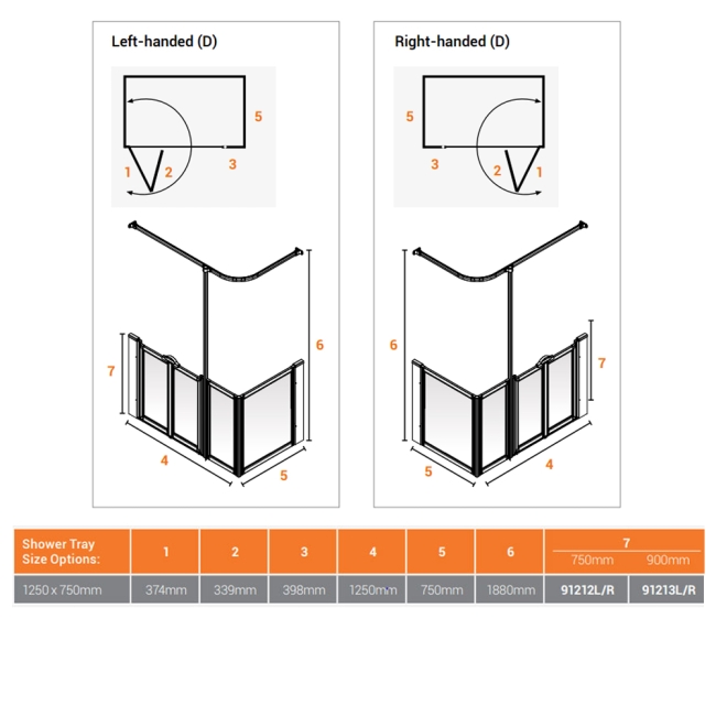 AKW Option D 750 Shower Screen 750mm x 1250mm - Left Handed  | Dimension Image