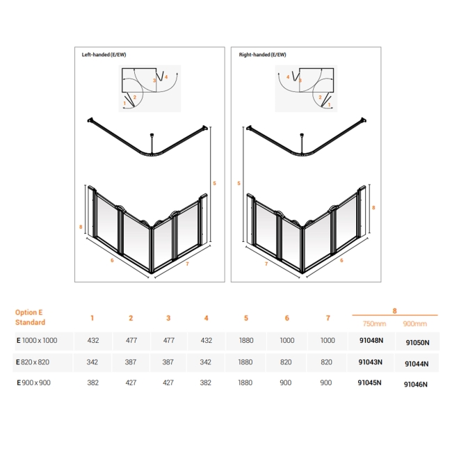 AKW Option E 900 Shower Screen 900mm x 900mm  | Dimension Image