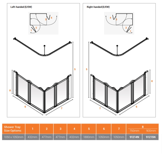 AKW Option E 900 Shower Screen 1050mm x 1050mm  | Dimension Image