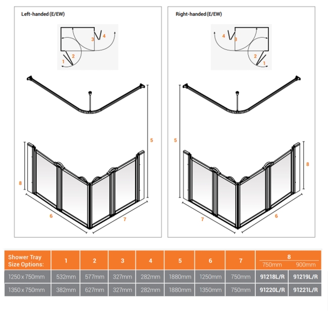 AKW Option E 750 Shower Screen 750mm x 1250mm - Right Handed  | Dimension Image
