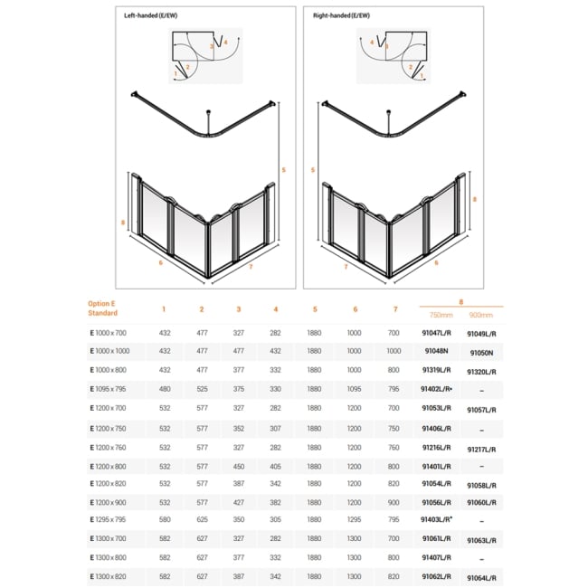 AKW Option E 750 Shower Screen 1000mm x 800mm - Right Handed  | Dimension Image
