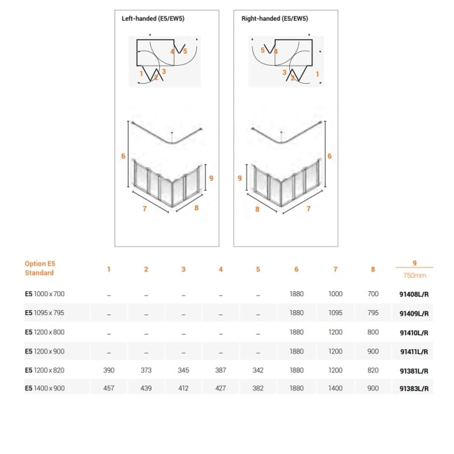 AKW Option E5 750 Shower Screen 1095mm x 795mm - Left Handed  | Dimension Image