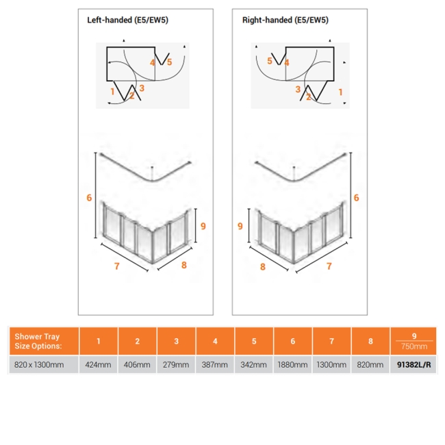AKW Option E5 750 Shower Screen 1300mm x 820mm - Right Handed  | Dimension Image