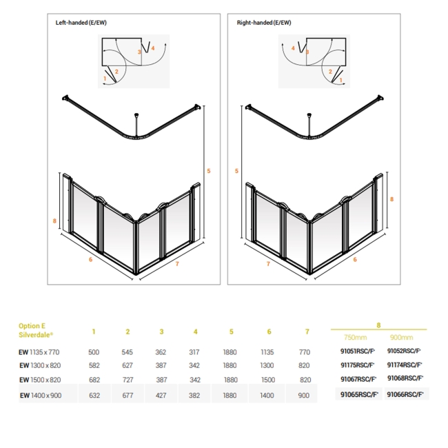 AKW Option EW 900 Wet Floor Screen 820mm x 1500mm - Right Handed  | Dimension Image