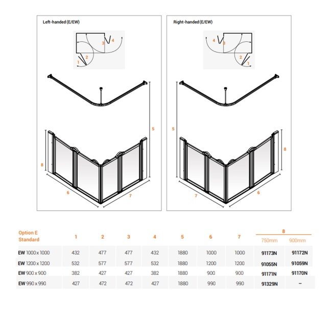 AKW Option EW 750 Wet Floor Screen 900mm x 900mm  | Dimension Image