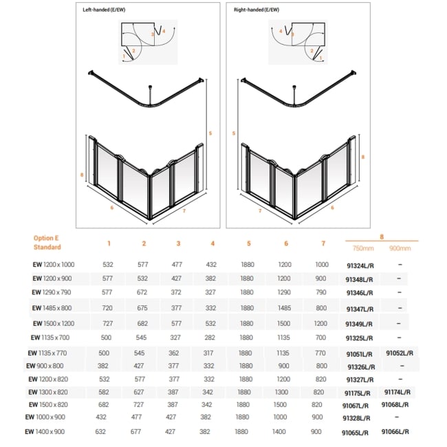 AKW Option EW 750 Wet Floor Screen 820mm x 1300mm - Left Handed  | Dimension Image