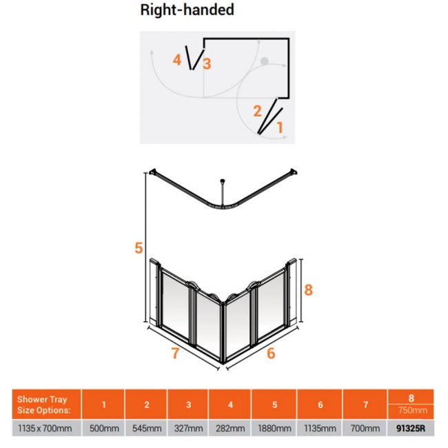 AKW Option EW 750 Wet Floor Screen 700mm x 1135mm - Right Handed