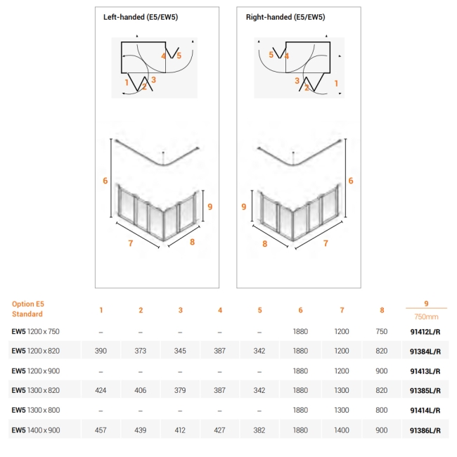 AKW Option EW5 750 Shower Screen 1300mm x 820mm - Left Handed  | Dimension Image