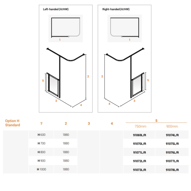 AKW Option H 750 Shower Screen 1000mm Wide - Right Handed  | Dimension Image