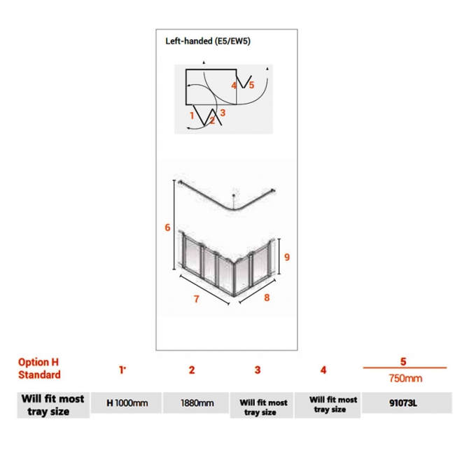 AKW Option H 750 Shower Screen 1000mm Wide - Left Handed