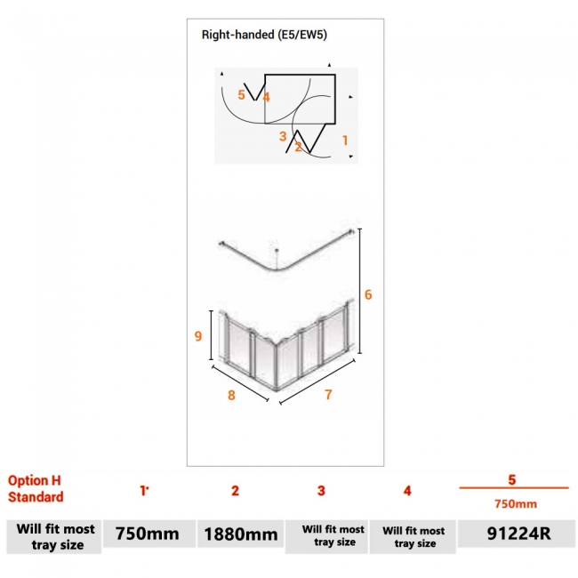 AKW Option H 750 Shower Screen 750mm Wide - Right Handed  | Dimension Image