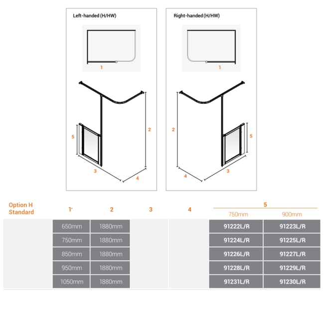 AKW Option H 900 Shower Screen 850mm Wide - Right Handed  | Dimension Image