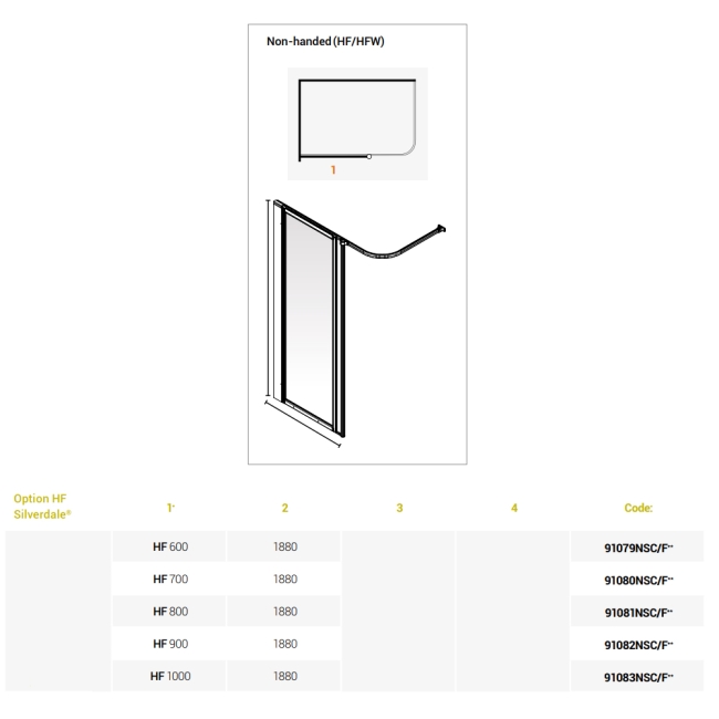 AKW Option HF 1880 Wet Floor Screen 1000mm Wide - Silverdale Clear  | Dimension Image