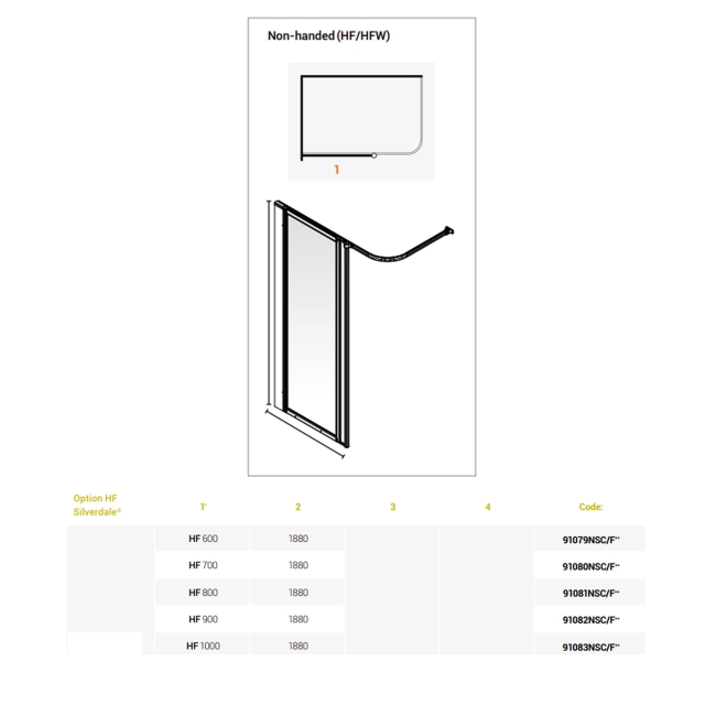 AKW Option HF 1880 Wet Floor Screen 1000mm Wide - Silverdale Frosted  | Dimension Image
