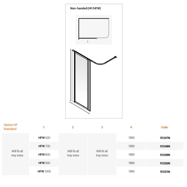 AKW Option HFW Wet Floor Screen 1000mm Wide  | Dimension Image