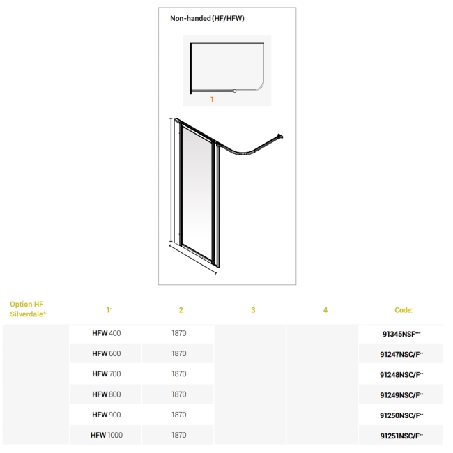AKW Option HFW 1880 Wet Floor Screen 700mm Wide - Silverdale Frosted  | Dimension Image