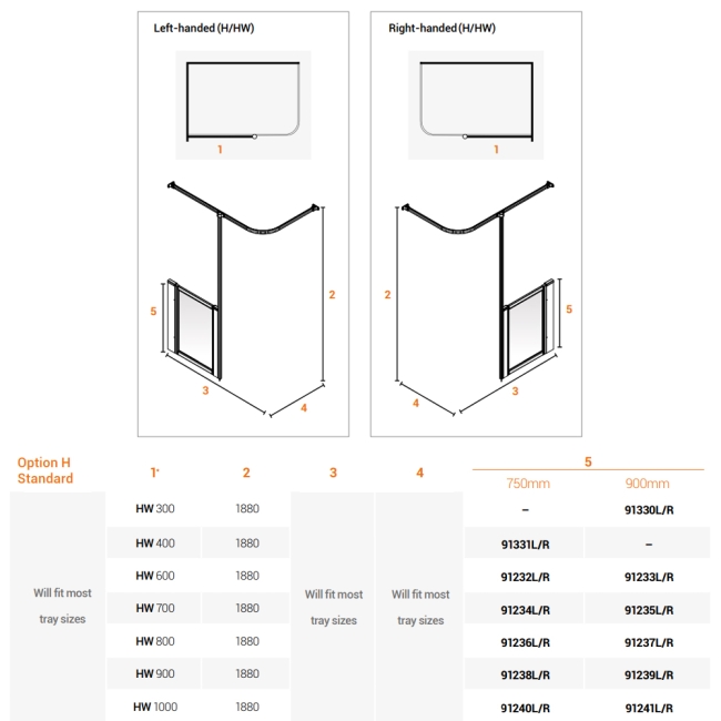 AKW Option HW 750 Wet Floor Screen 700mm Wide - Right Handed  | Dimension Image