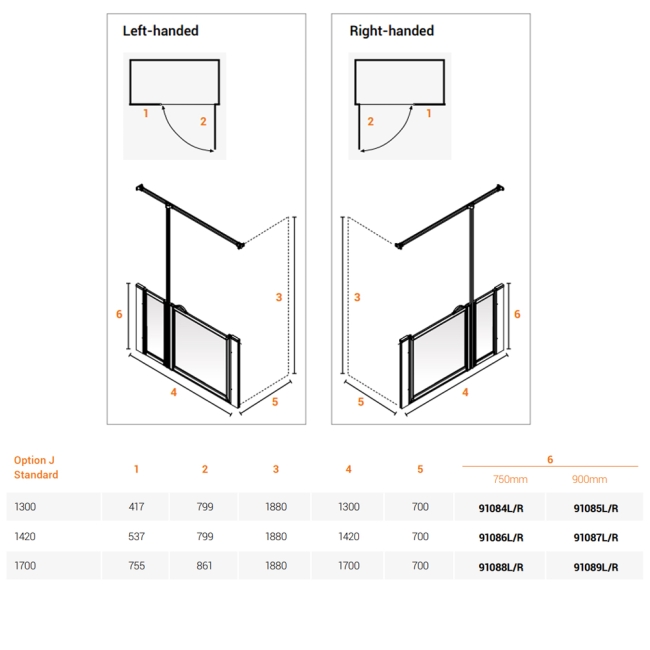 AKW Option J 750 Shower Screen 700mm x 1700mm - Left Handed  | Dimension Image