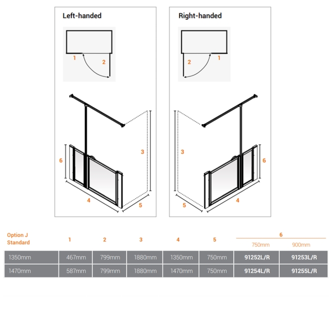 AKW Option J 750 Shower Screen 750mm x 1350mm - Left Handed  | Dimension Image