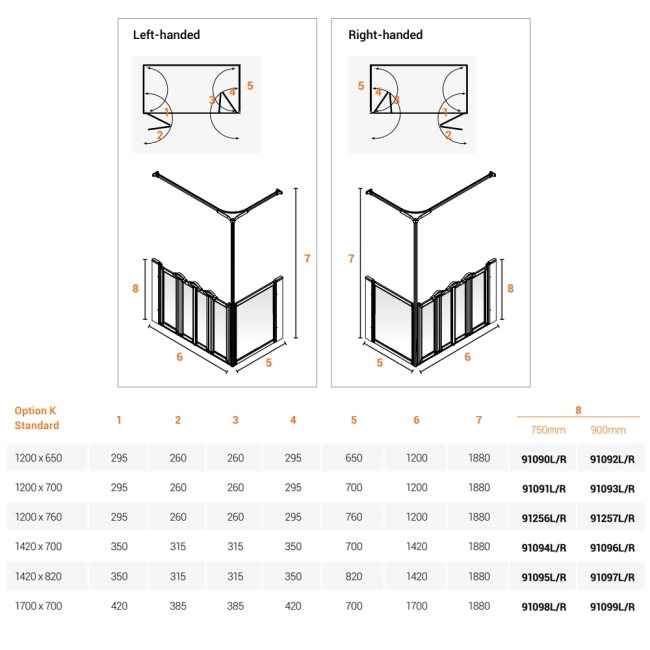 AKW Option K 900 Shower Screen 650mm x 1200mm - Right Handed  | Dimension Image
