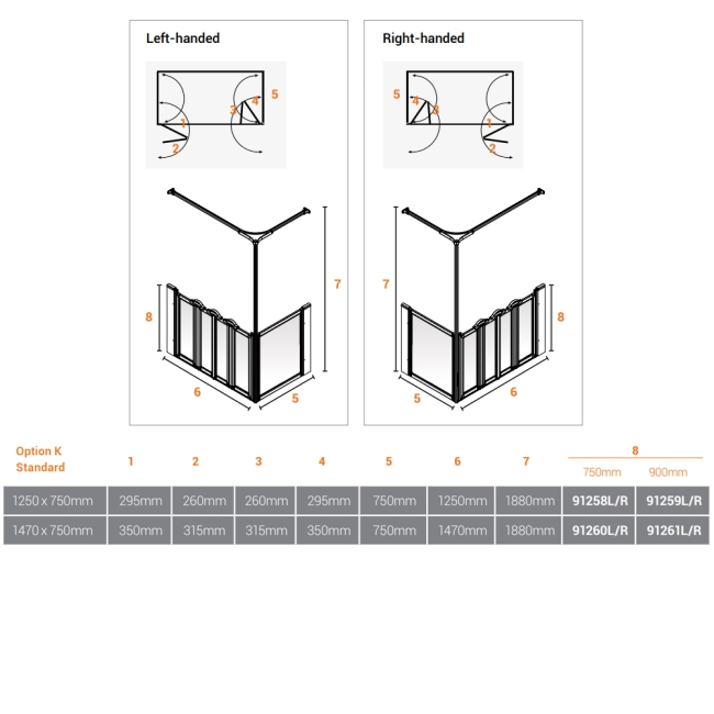 AKW Option K 750 Shower Screen 1470mm x 750mm - Left Handed  | Dimension Image