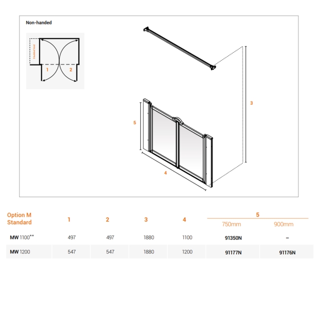 AKW Option MW 750 Wet Floor Screen 1100mm Wide  | Dimension Image