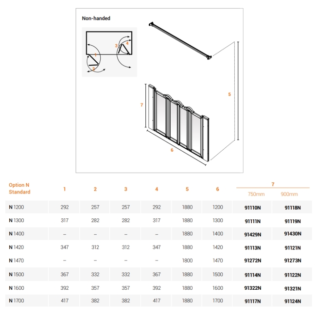 AKW Option N 900 Shower Screen 1600mm Wide  | Dimension Image