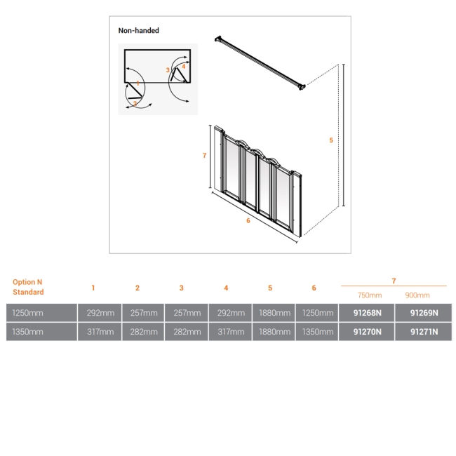 AKW Option N 900 Shower Screen 1250mm Wide  | Dimension Image