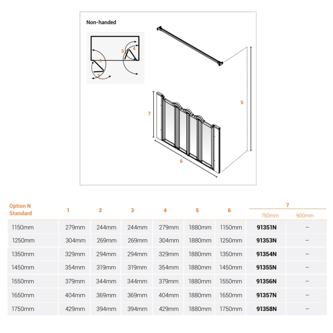 AKW Option NW 750 Wet Floor Screen 1450mm Wide  | Dimension Image