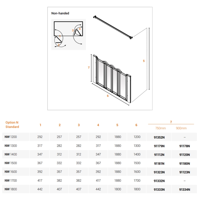 AKW Option NW 750 Wet Floor Screen 1700mm Wide  | Dimension Image