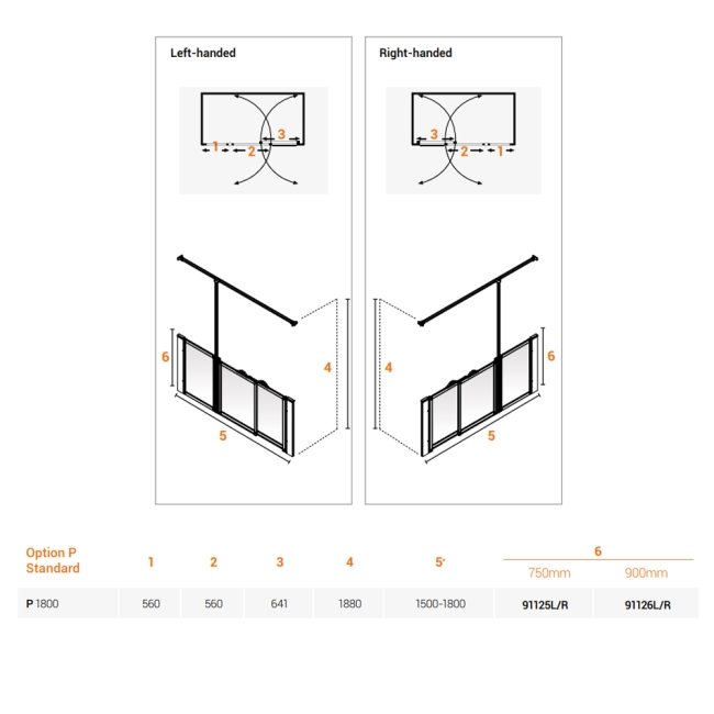 AKW Option P 750 Shower Screen 1800mm Wide - Right Handed  | Dimension Image