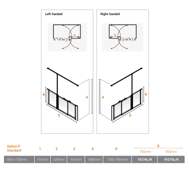 AKW Option P 750 Shower Screen 1850mm Wide - Right Handed  | Dimension Image