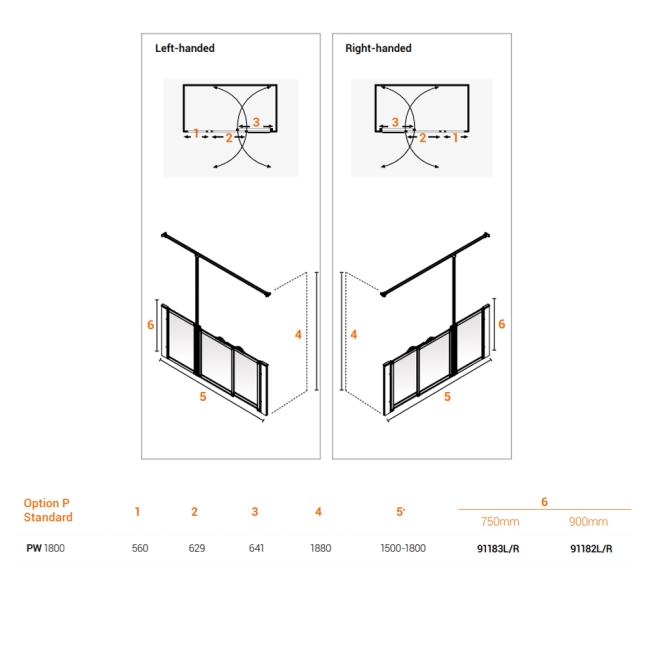 AKW Option PW 750 Wet Floor Screen 1800mm Wide - Left Handed  | Dimension Image