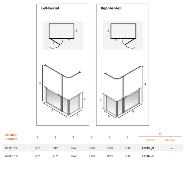AKW Option Q Shower Screen 1420mm x 700mm - Left Handed  | Dimension Image