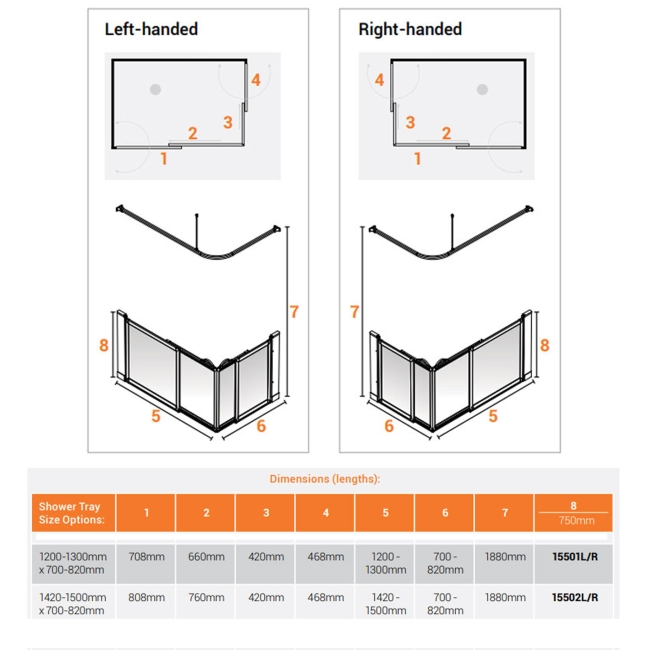 AKW Option SE Sliding Shower Screen 1200-1300mm x 700-820mm - Right Handed  | Dimension Image