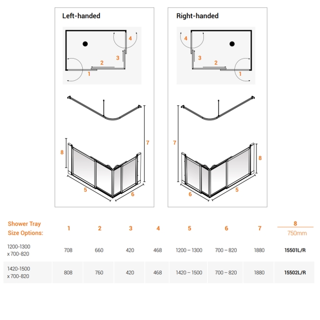 AKW Option SE Sliding Shower Screen 1200-1300mm x 700-820mm - Right Handed  | Dimension Image