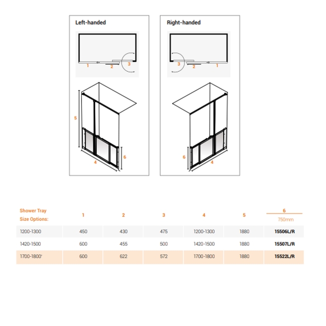 AKW Option SJ Sliding Shower Screen 1400-1500mm Wide - Right Handed  | Dimension Image