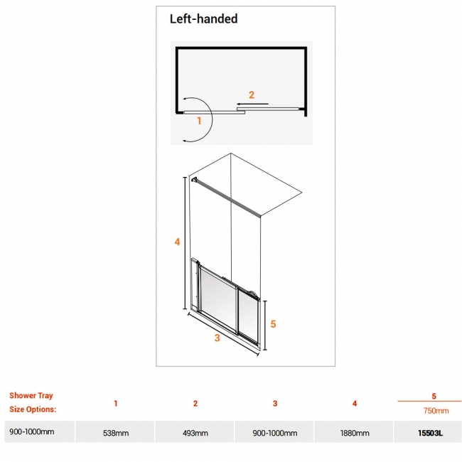 AKW Option SM Sliding Shower Screen 900-1000mm Wide - Left Handed