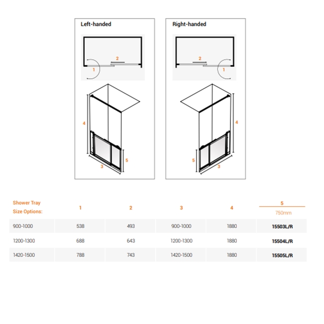 AKW Option SM Sliding Shower Screen 900-1000mm Wide - Right Handed  | Dimension Image