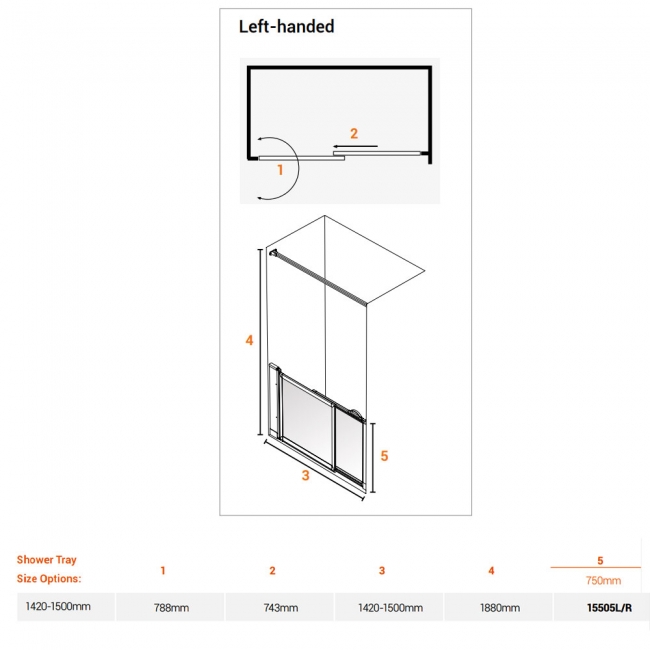 AKW Option SM Sliding Shower Screen 1420-1500mm Wide - Left Handed
