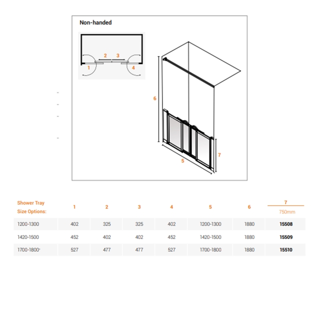 AKW Option SN Sliding Shower Screen 1700-1800mm Wide x 750mm High  | Dimension Image