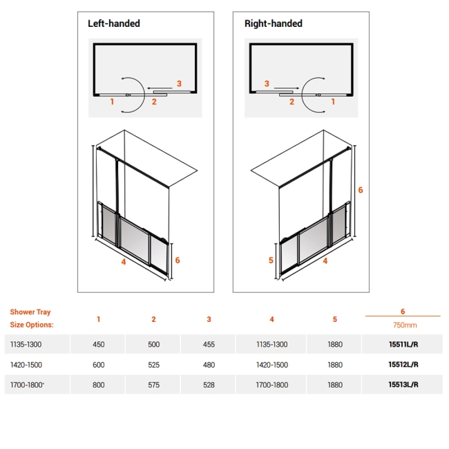 AKW Option SU Sliding Shower Screen 1135-1300mm Wide - Left Handed  | Dimension Image