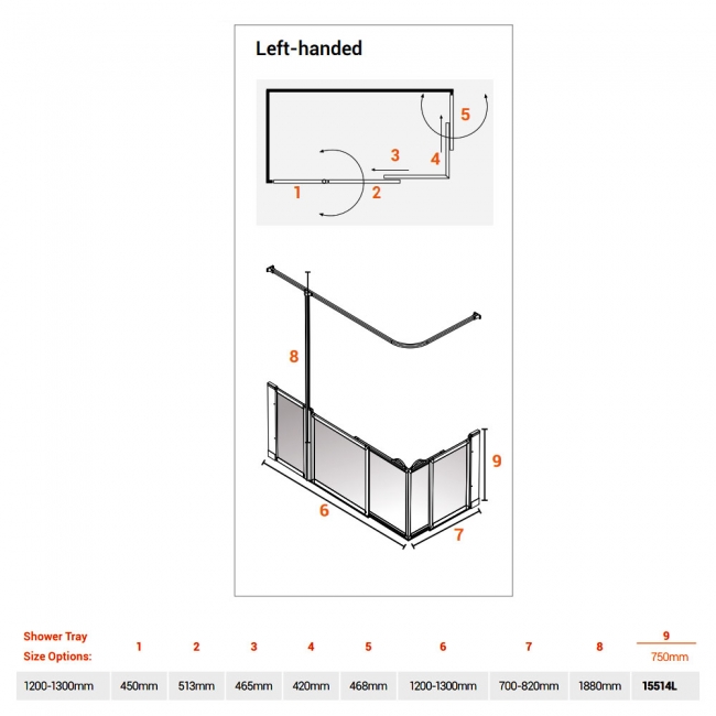 AKW Option SX Sliding Shower Screen 1200-1300mm x 700-820mm - Left Handed